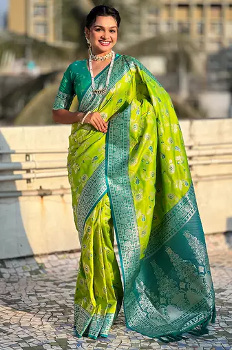 Parrot green woven self design pure silk banarasi saree with blouse