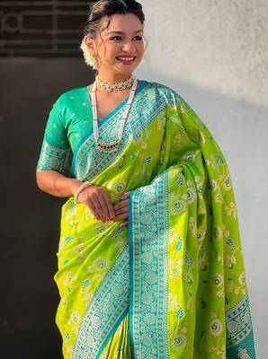 Parrot green woven self design silk blend banarasi saree with blouse 2