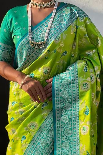 Parrot green woven self design pure silk banarasi saree with blouse