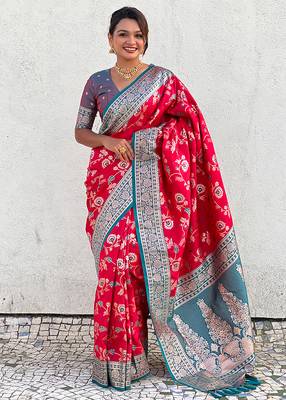 Pink woven self design silk blend banarasi saree with blouse 1