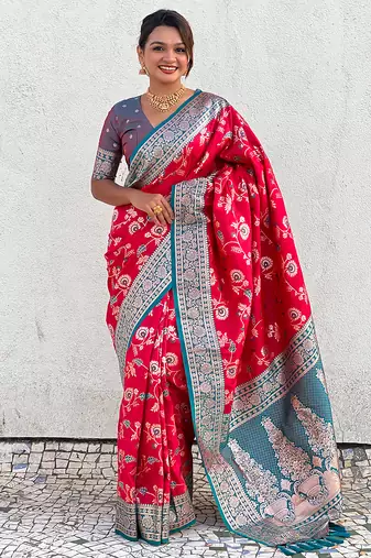 Pink woven self design pure silk banarasi saree with blouse