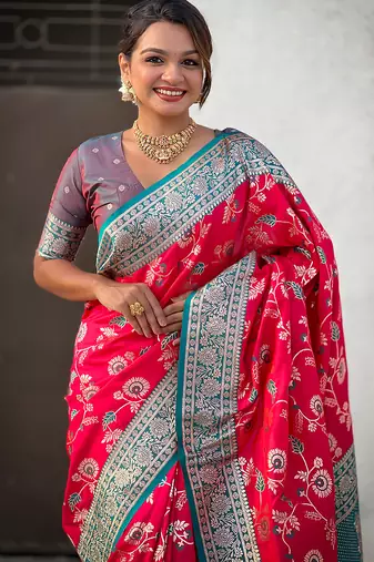 Pink woven self design pure silk banarasi saree with blouse