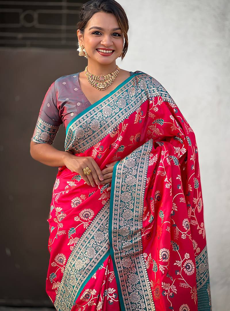 Pink woven self design pure silk banarasi saree with blouse