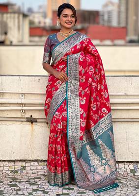 Pink woven self design silk blend banarasi saree with blouse 3
