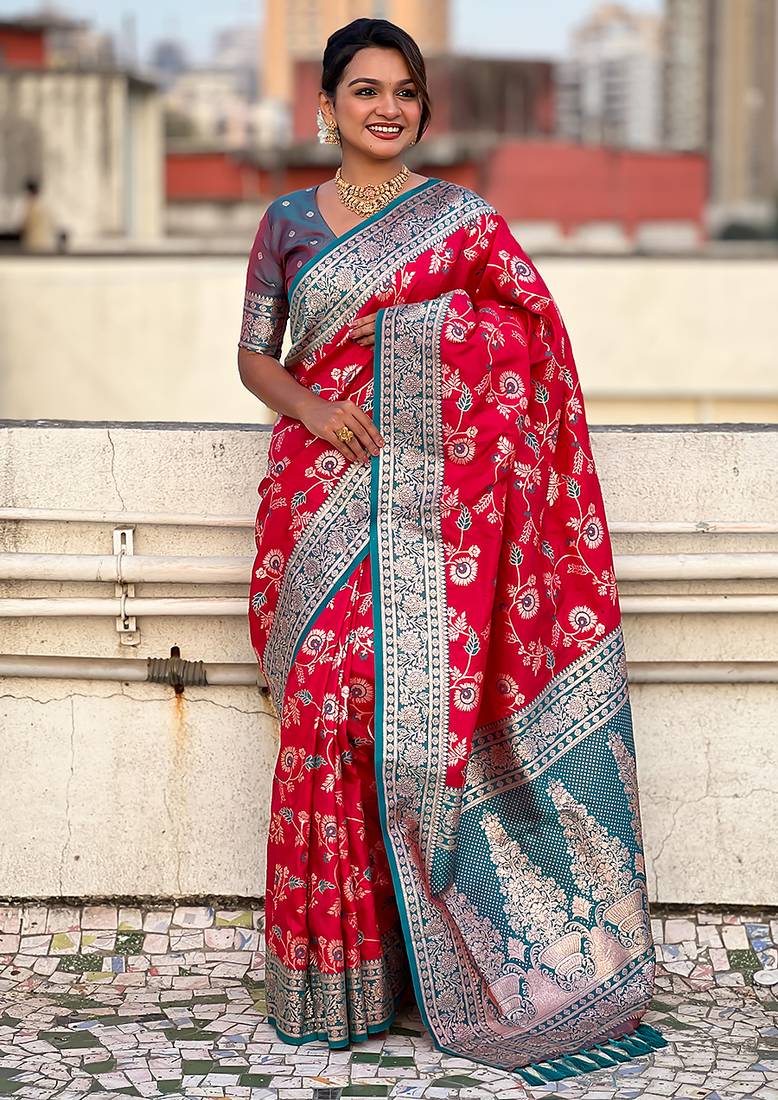 Pink woven self design pure silk banarasi saree with blouse