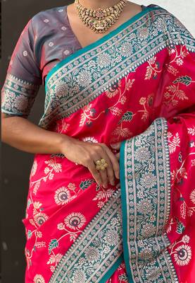 Pink woven self design silk blend banarasi saree with blouse 4