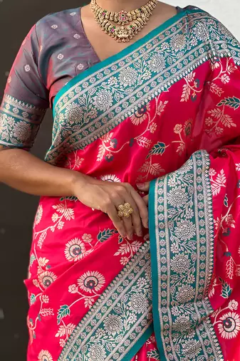 Pink woven self design pure silk banarasi saree with blouse
