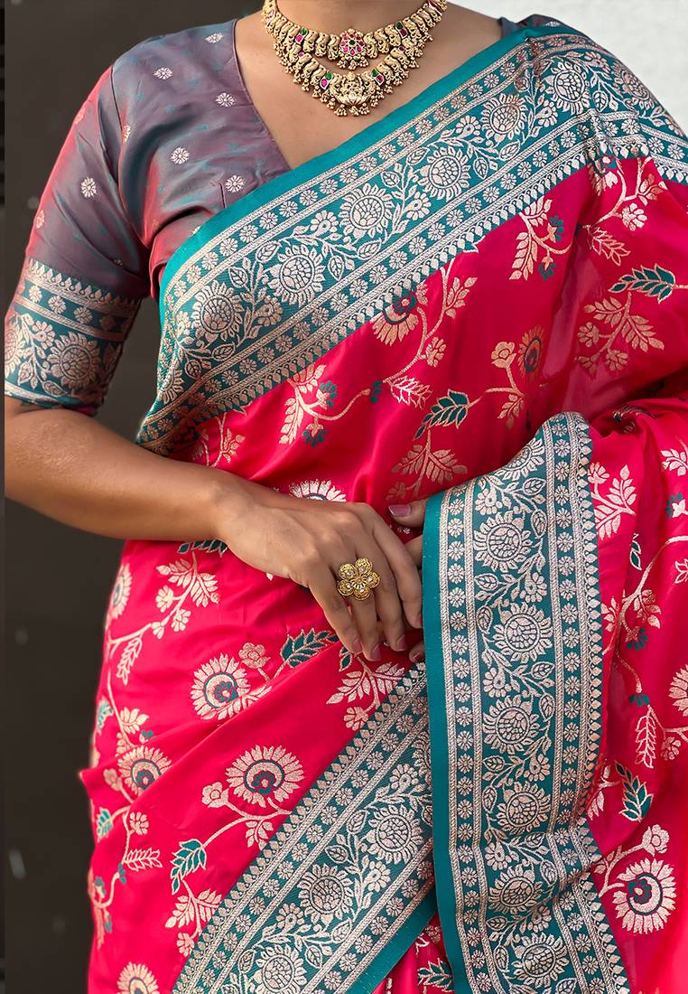 Pink woven self design pure silk banarasi saree with blouse