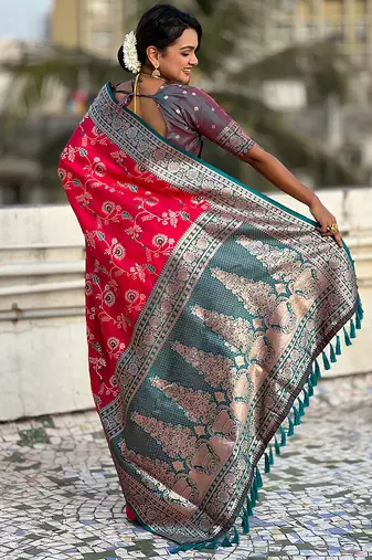 Pink woven self design pure silk banarasi saree with blouse