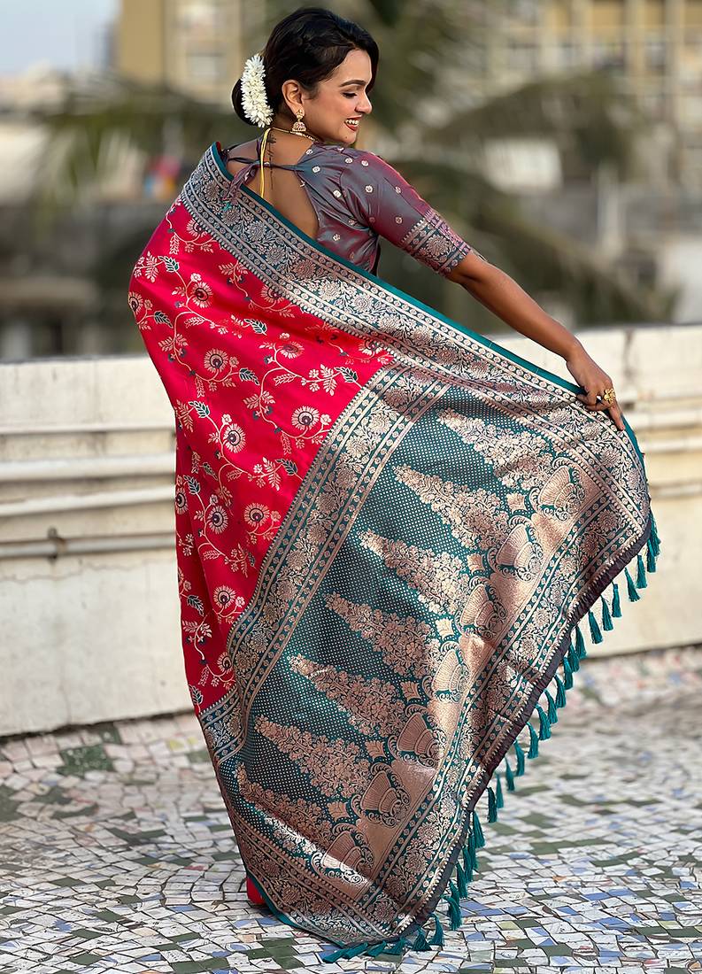 Pink woven self design pure silk banarasi saree with blouse