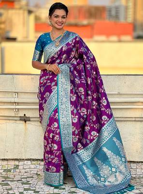 Purple woven self design silk blend banarasi saree with blouse 1