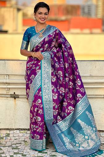 Purple woven self design pure silk banarasi saree with blouse