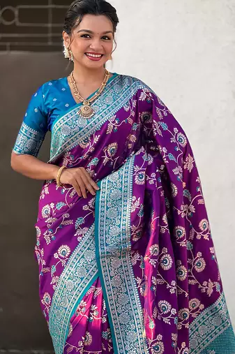 Purple woven self design pure silk banarasi saree with blouse