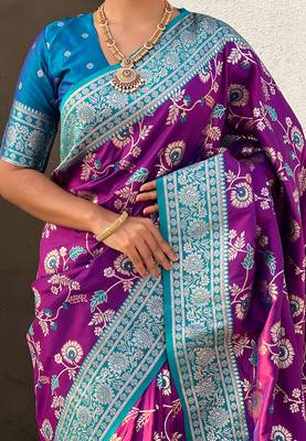 Purple woven self design silk blend banarasi saree with blouse 4