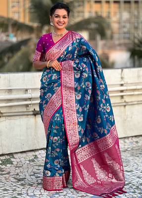 Teal blue woven self design silk blend banarasi saree with blouse 1