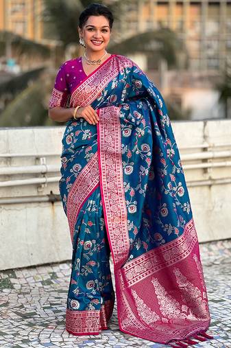 Teal blue woven self design pure silk banarasi saree with blouse