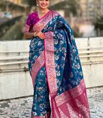 Teal blue woven self design pure silk banarasi saree with blouse
