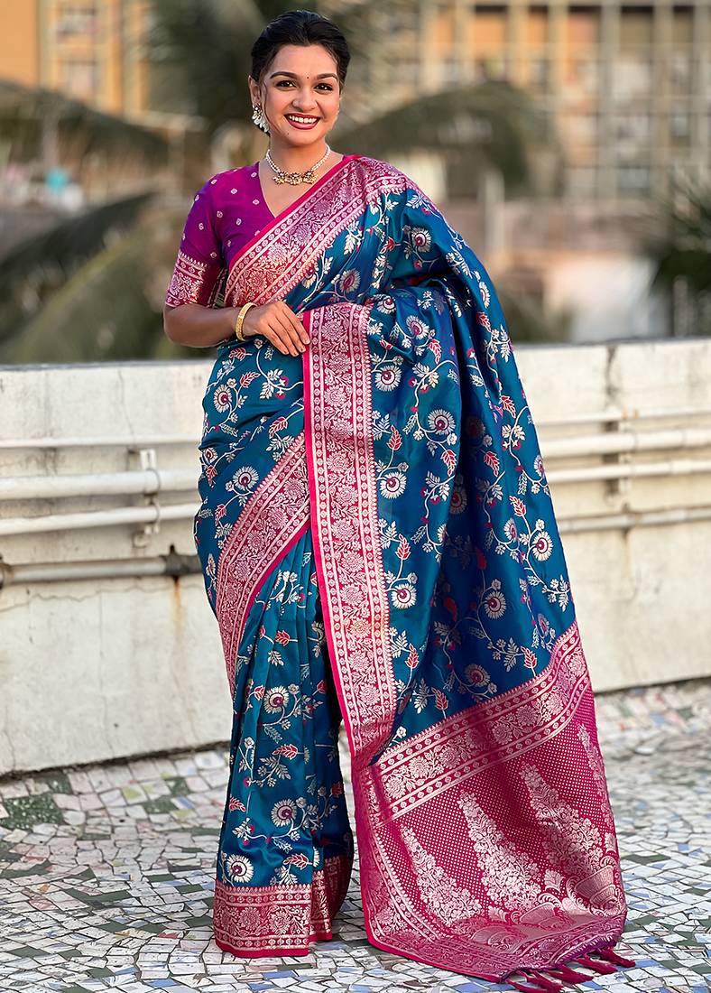 Teal blue woven self design pure silk banarasi saree with blouse