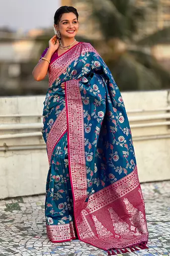Teal blue woven self design pure silk banarasi saree with blouse