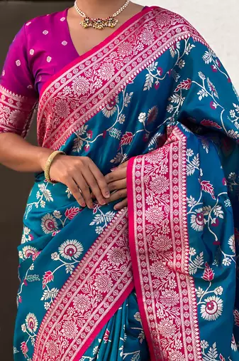 Teal blue woven self design pure silk banarasi saree with blouse