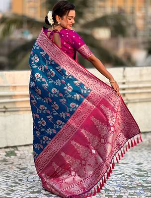 Teal blue woven self design silk blend banarasi saree with blouse 5