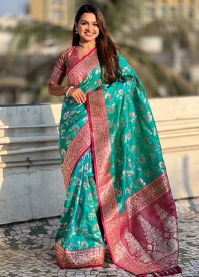 Teal green woven self design silk blend banarasi saree with blouse 1