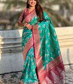 Teal green woven self design pure silk banarasi saree with blouse