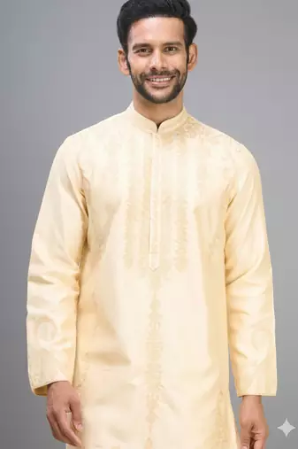 fawn silk kurta pant set with embroidery design