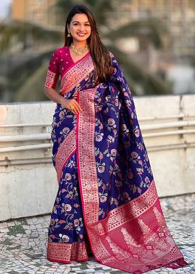 Violet woven self design silk blend banarasi saree with blouse 1
