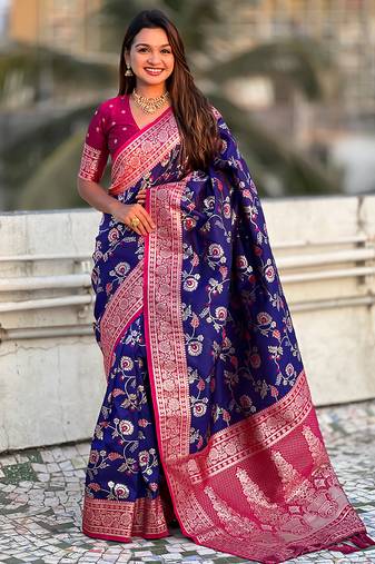 Violet woven self design pure silk banarasi saree with blouse