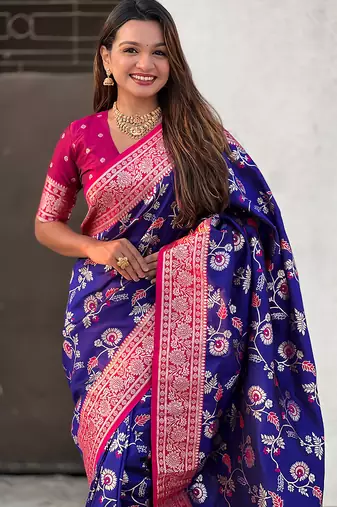 Violet woven self design pure silk banarasi saree with blouse