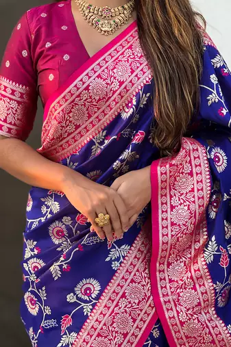 Violet woven self design pure silk banarasi saree with blouse
