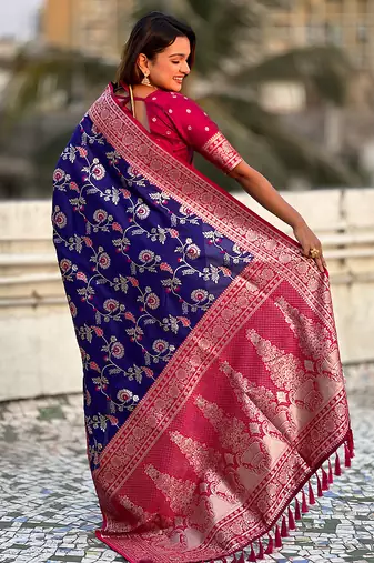 Violet woven self design pure silk banarasi saree with blouse