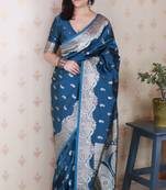 Blue woven self design pure silk banarasi saree with blouse