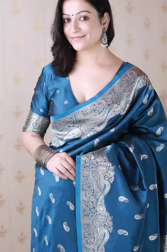 Blue woven self design pure silk banarasi saree with blouse