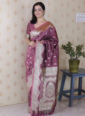 Dark mauve woven self design silk blend banarasi saree with blouse 1