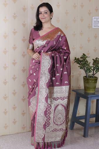 Dark mauve woven self design pure silk banarasi saree with blouse