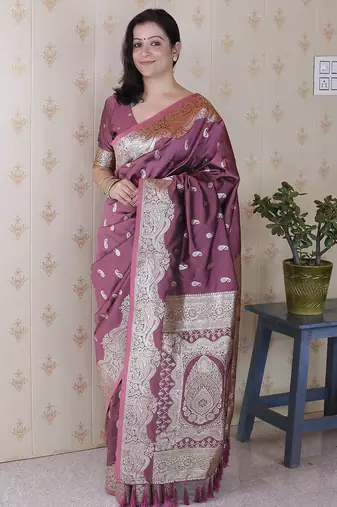 Dark mauve woven self design pure silk banarasi saree with blouse