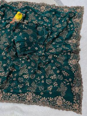 Emerald Color Beads With Copper Sequins Work Satin Silk Saree 1