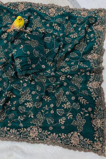 Emerald Color Beads With Copper Sequins Work Satin Silk Saree