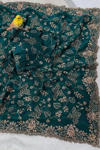 Emerald Color Beads With Copper Sequins Work Satin Silk Saree