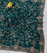 Emerald Color Beads With Copper Sequins Work Satin Silk Saree