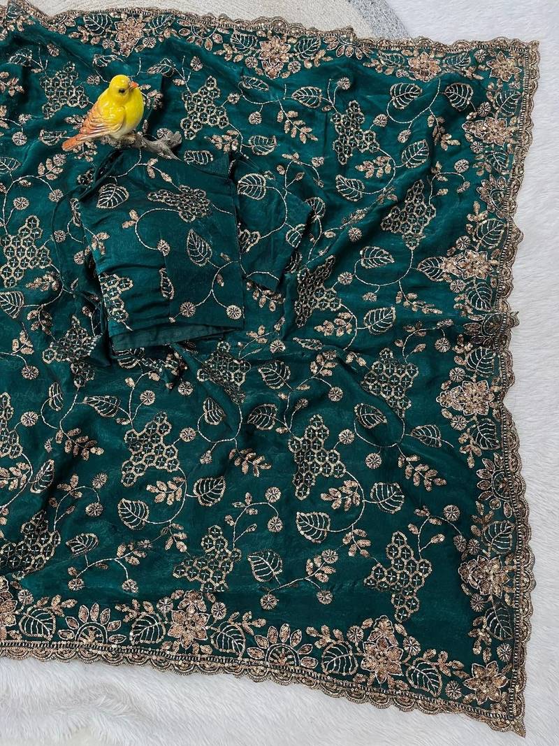Emerald Color Beads With Copper Sequins Work Satin Silk Saree