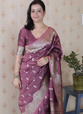 Dark mauve woven self design silk blend banarasi saree with blouse 2