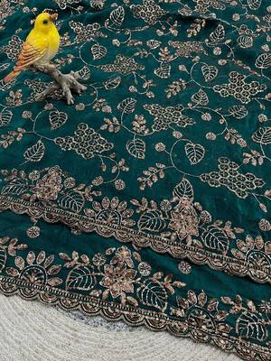 Emerald Color Beads With Copper Sequins Work Satin Silk Saree 2
