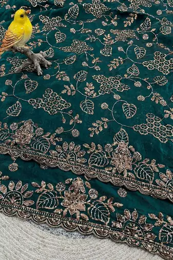 Emerald Color Beads With Copper Sequins Work Satin Silk Saree