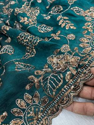Emerald Color Beads With Copper Sequins Work Satin Silk Saree 3