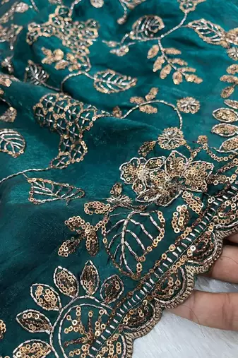 Emerald Color Beads With Copper Sequins Work Satin Silk Saree