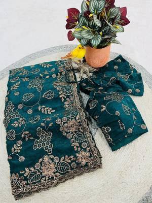 Emerald Color Beads With Copper Sequins Work Satin Silk Saree 4