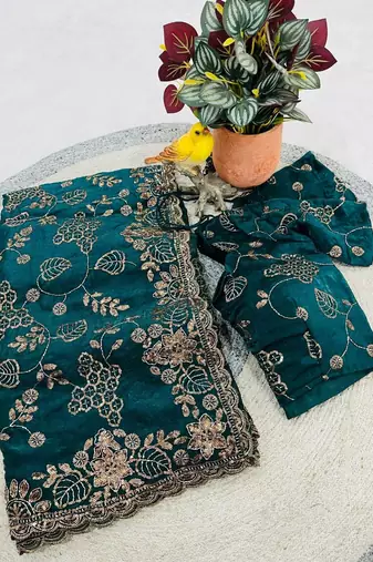 Emerald Color Beads With Copper Sequins Work Satin Silk Saree